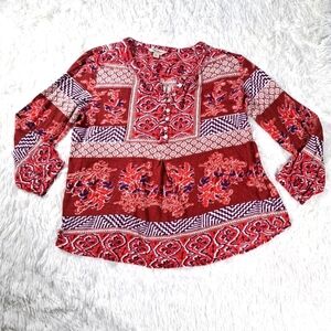 Lucky Brand Womens New Knit Floral Boho Top Red Festival Shirt Hippie Size Large